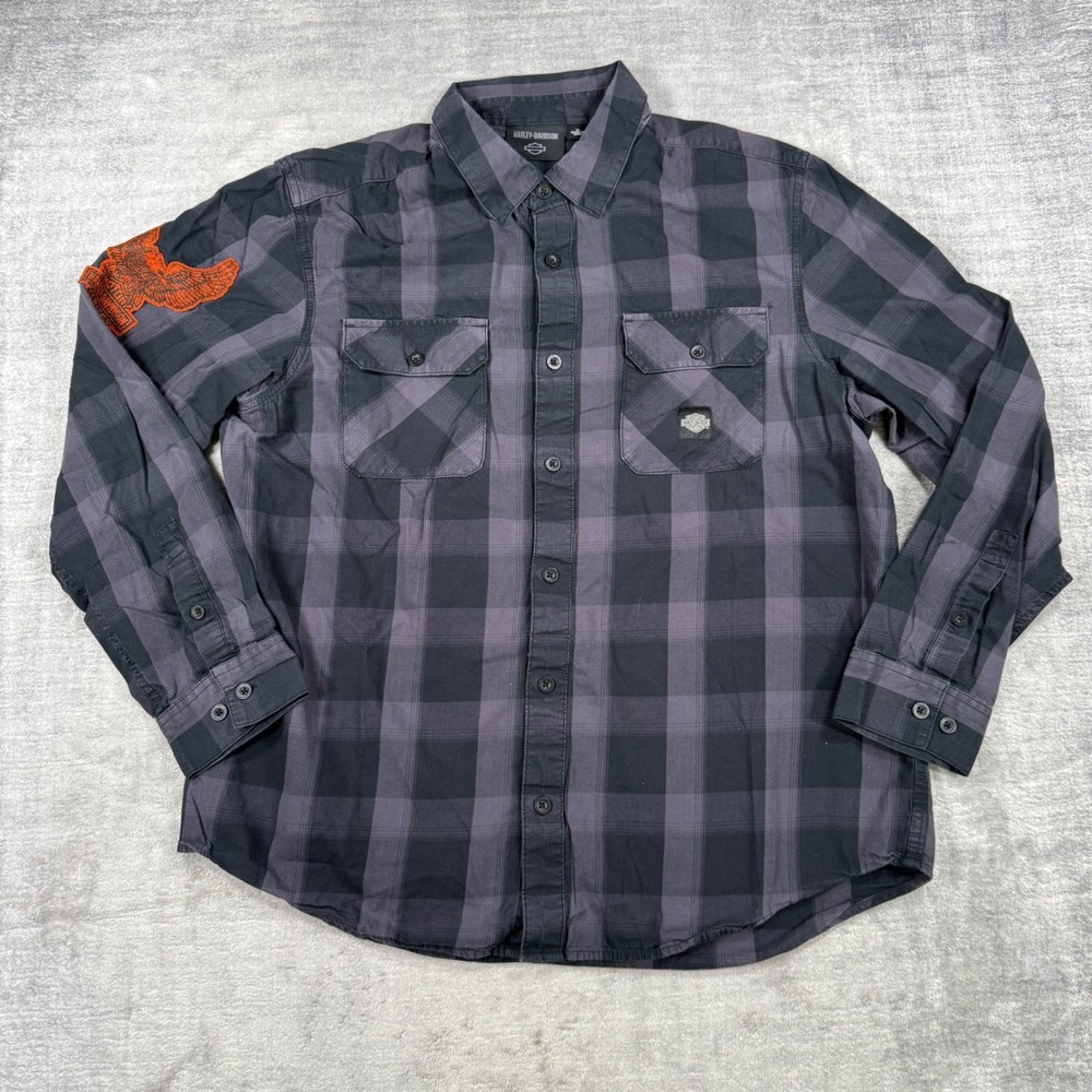 Harley Davidson Shirt Mens XL Grey Plaid Button Down Flannel Eagle Patch Biker